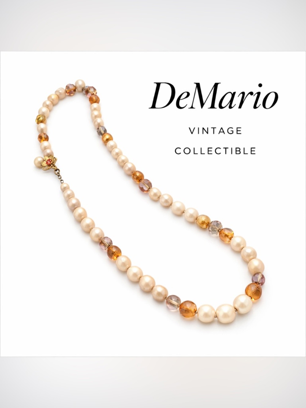 Vintage DeMario Beaded Necklace Faux Pearl Glass Floral Clasp collectible